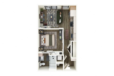 A top-down view of a kitchen with a sink, stove, and refrigerator.